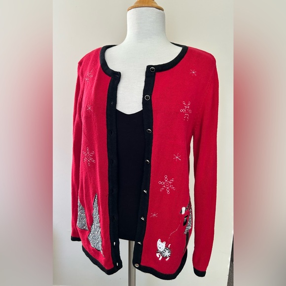 Holiday Cardigan Beading & Embroidery - “Ugly” Christmas Sweater -Black/Red Sz L - Picture 6 of 16
